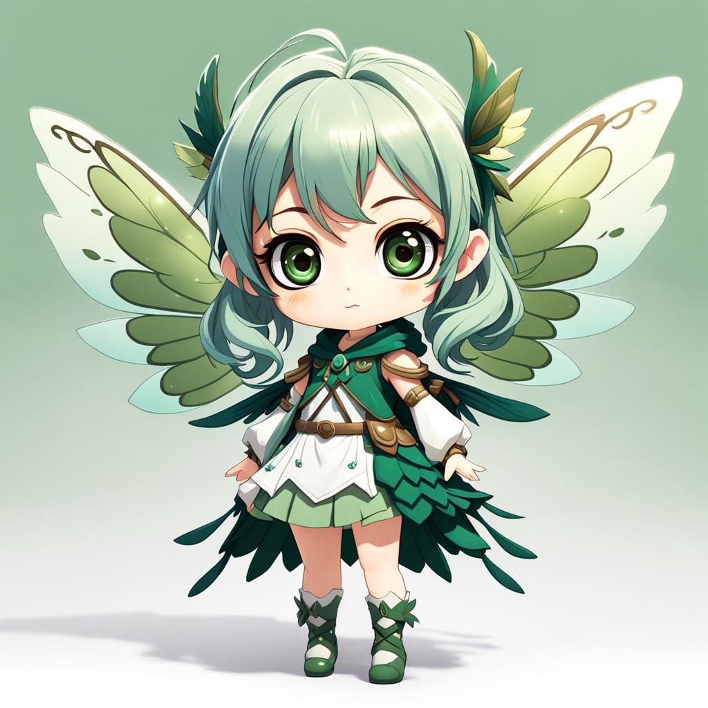 Chibi Anime Earth Fairy with Green Wings
