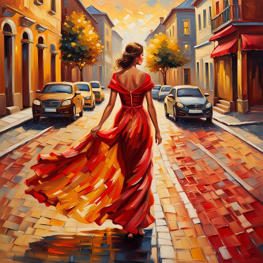 Lady in Red on Streets of Gold as Impasto Painting