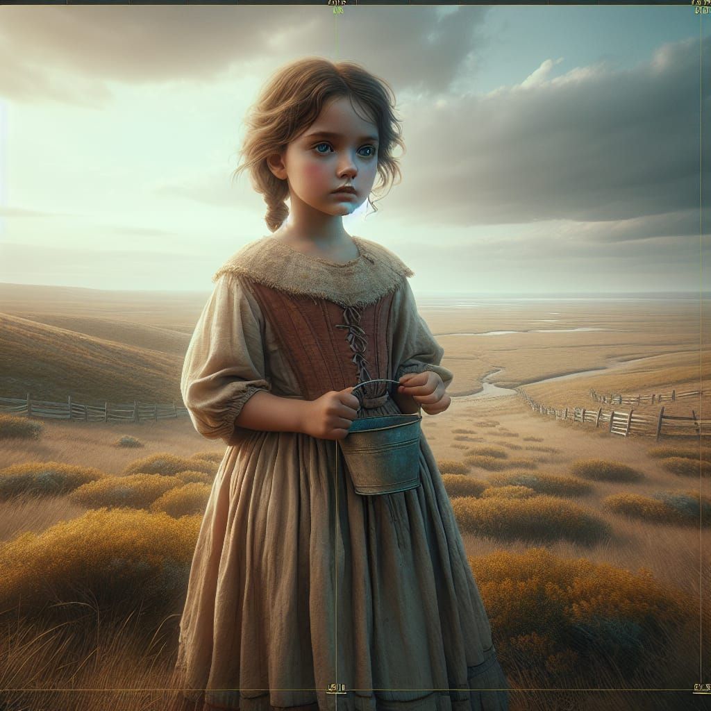 Prairie Girl with Bucket in Matte Painting Style