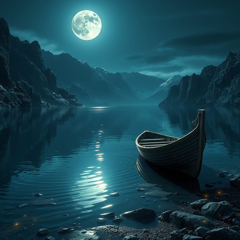 Moonlit Lake Shoreline in Mystical, 8K Resolution