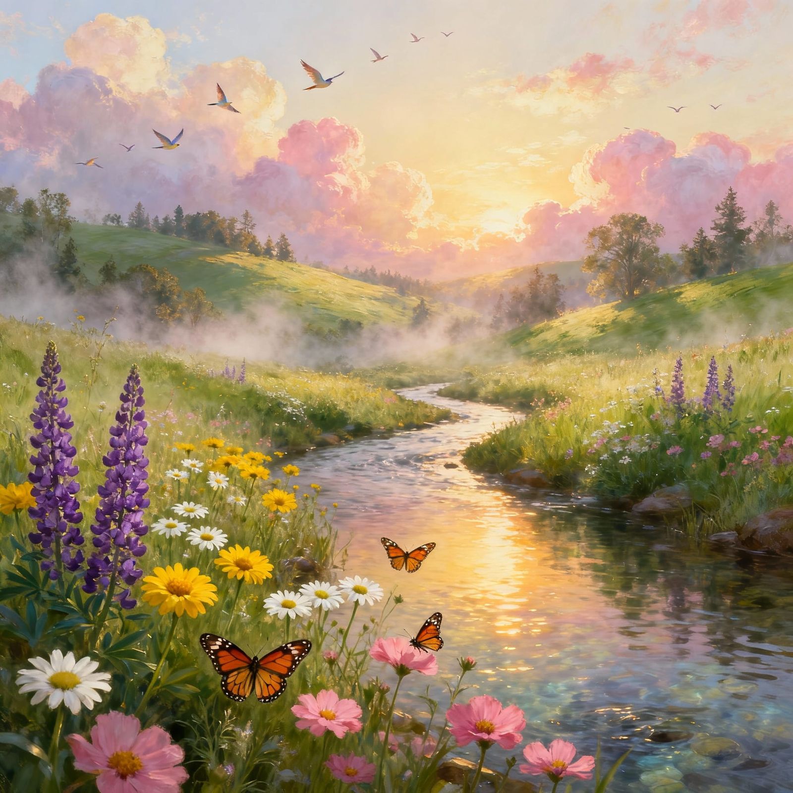 Serene Meadow Sunrise with Crystal Stream and Wildflowers