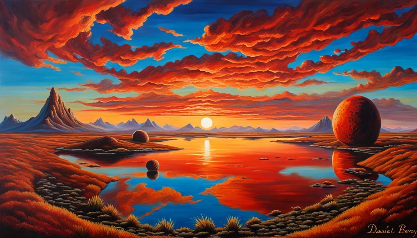 Alien Sunset Oil Painting with Red Mountains