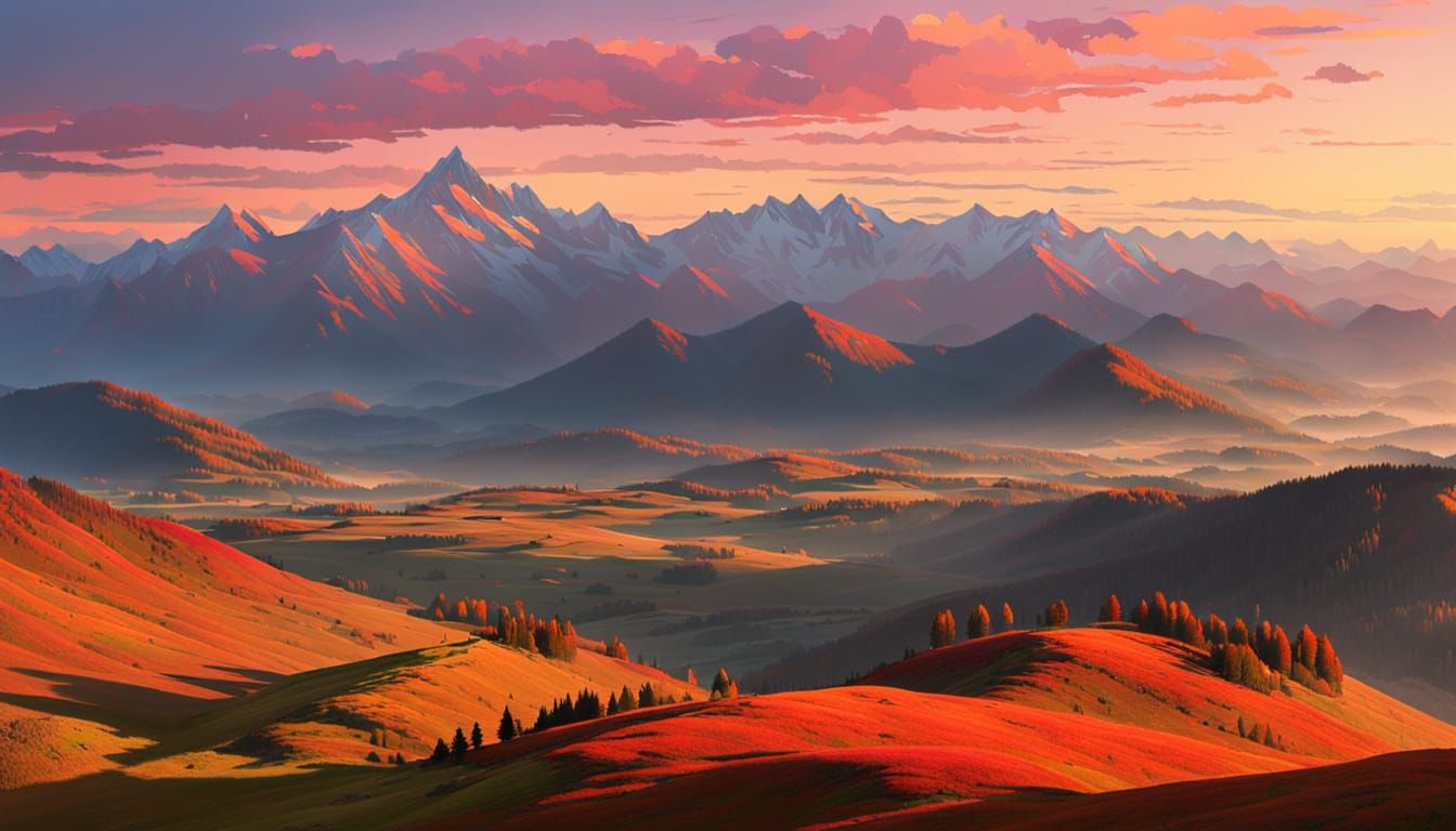 Autumn Sunset Over Mountain Range: Realism Style