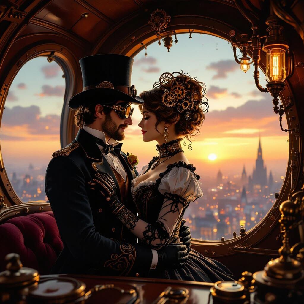 Steampunk Couple in Blimp Cabin at Sunset