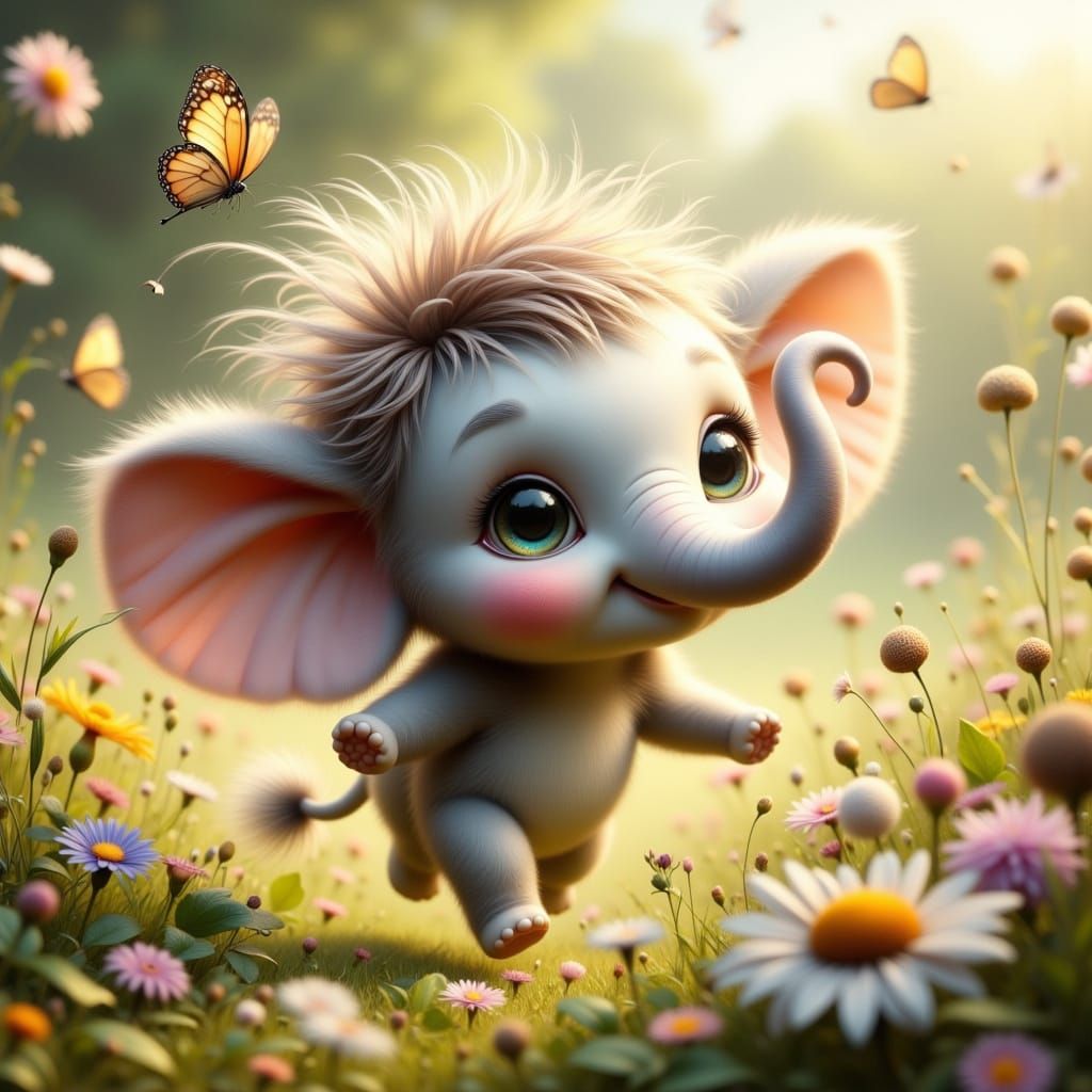 Whimsical Heffalump Child in a Lush Wildflower Field