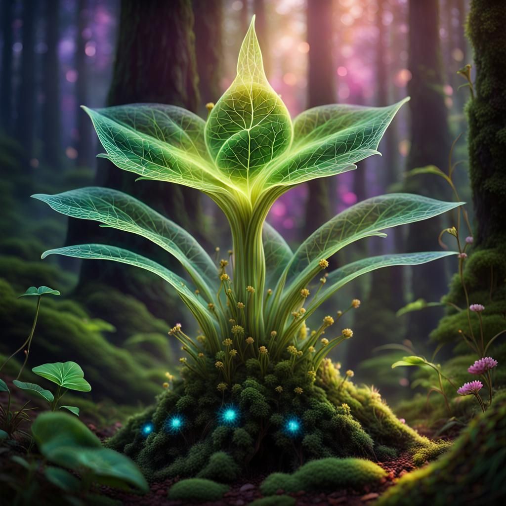 Hyperdetailed Talking Magical Plant in Enchanted Forest