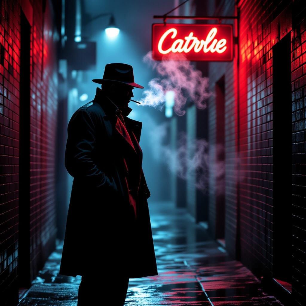 Film Noir: 1940s Private Eye in Rain-Soaked Alley