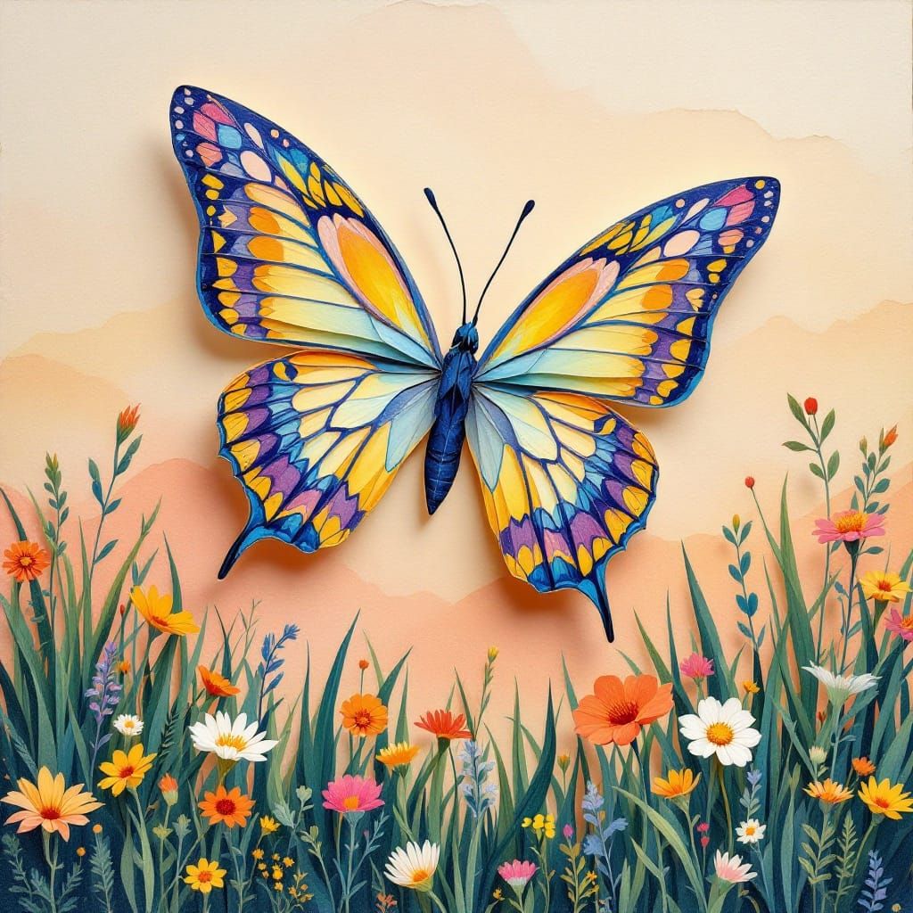 Delicate Kirigami Butterfly in Vibrant Sunrise Landscape