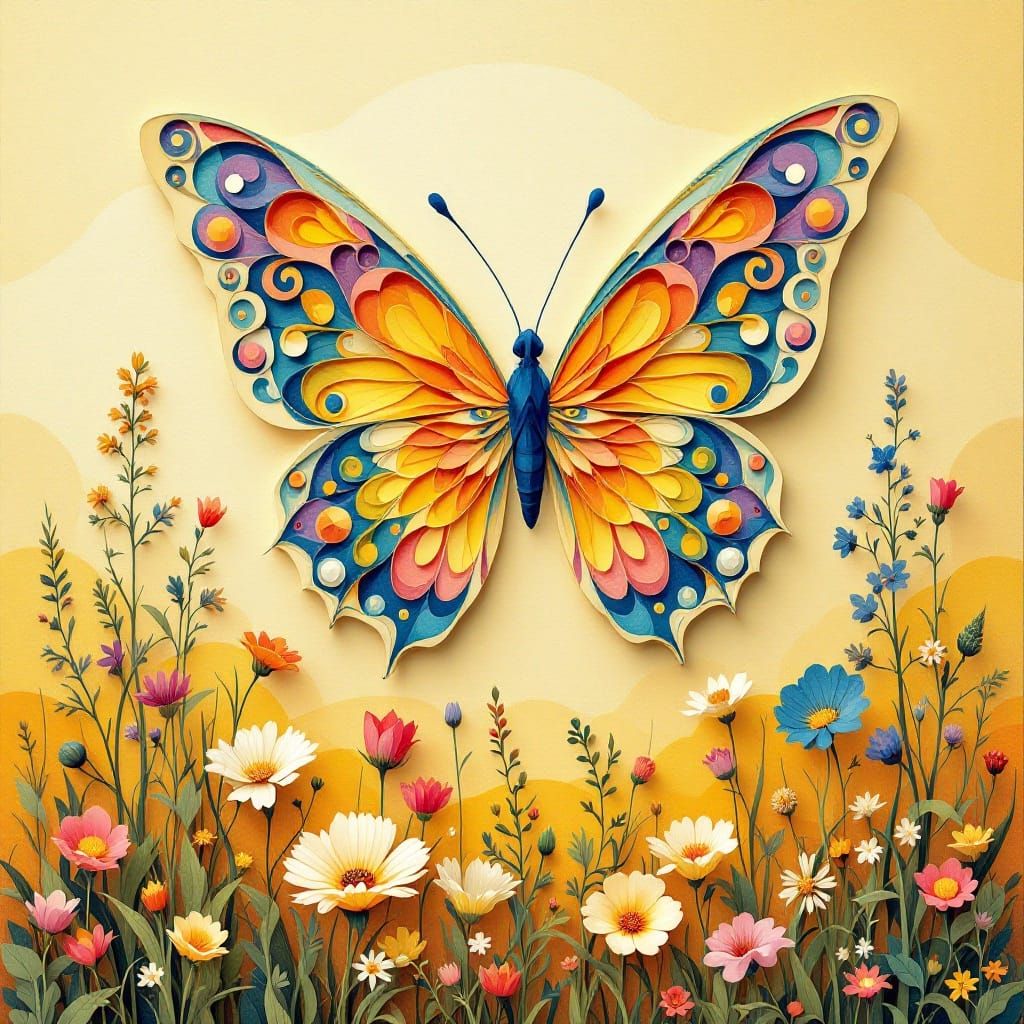 Vibrant Kirigami Butterfly Soars Above a Lush Meadow in Warm...