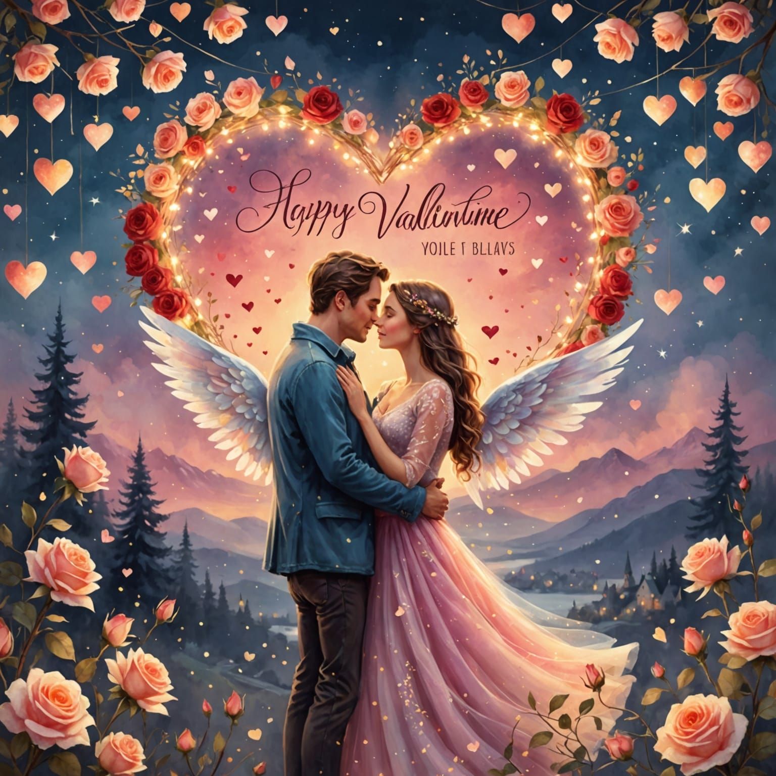 Romantic Valentine’s Day card featuring a heartwarming scene...