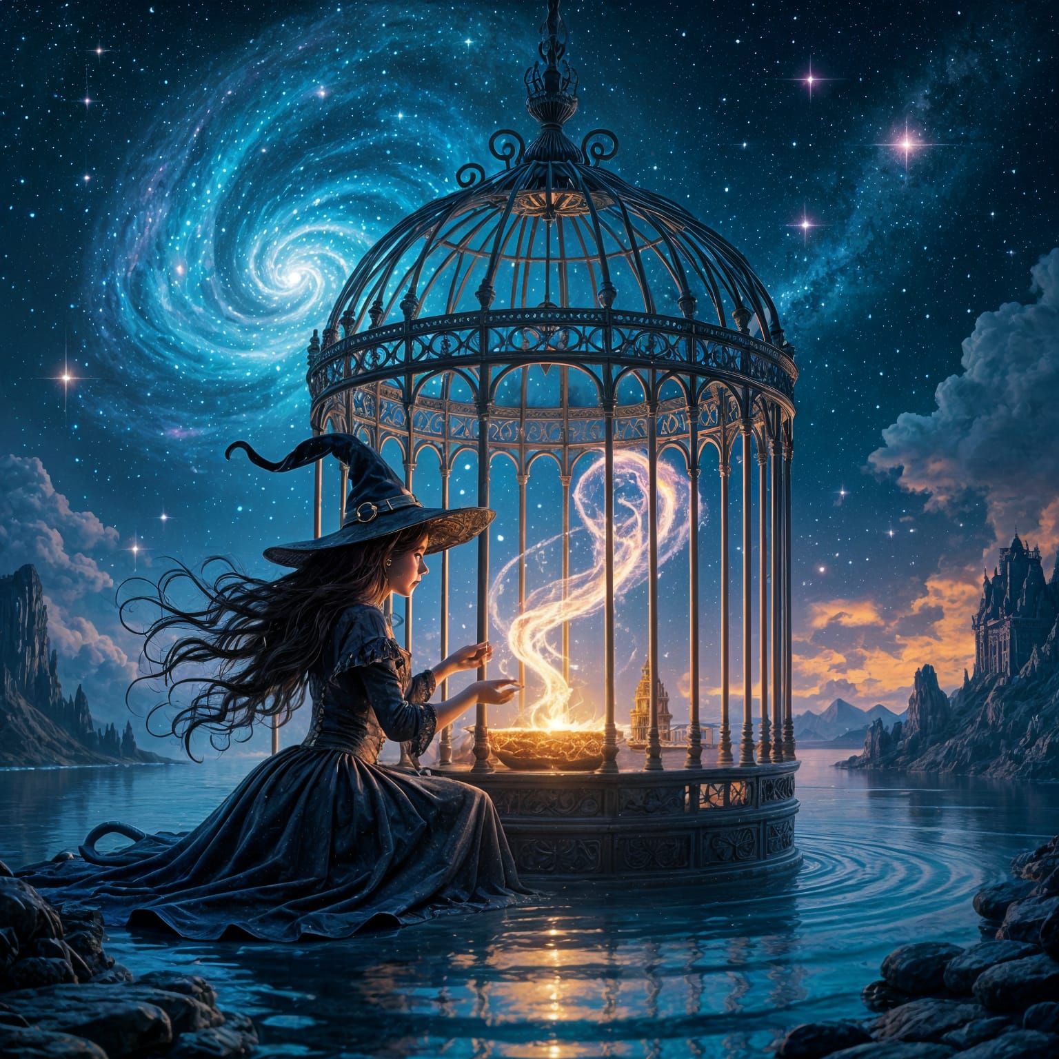 Witch Brews Potion on Cosmic Island in Birdcage