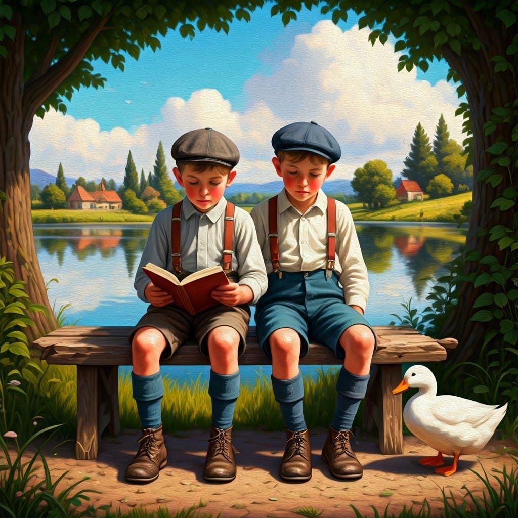 Vintage-Style Painting of Two Young Boys by a Peaceful Lake
