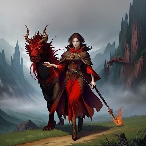 Red Dragon and Sorceress in Misty Valley
