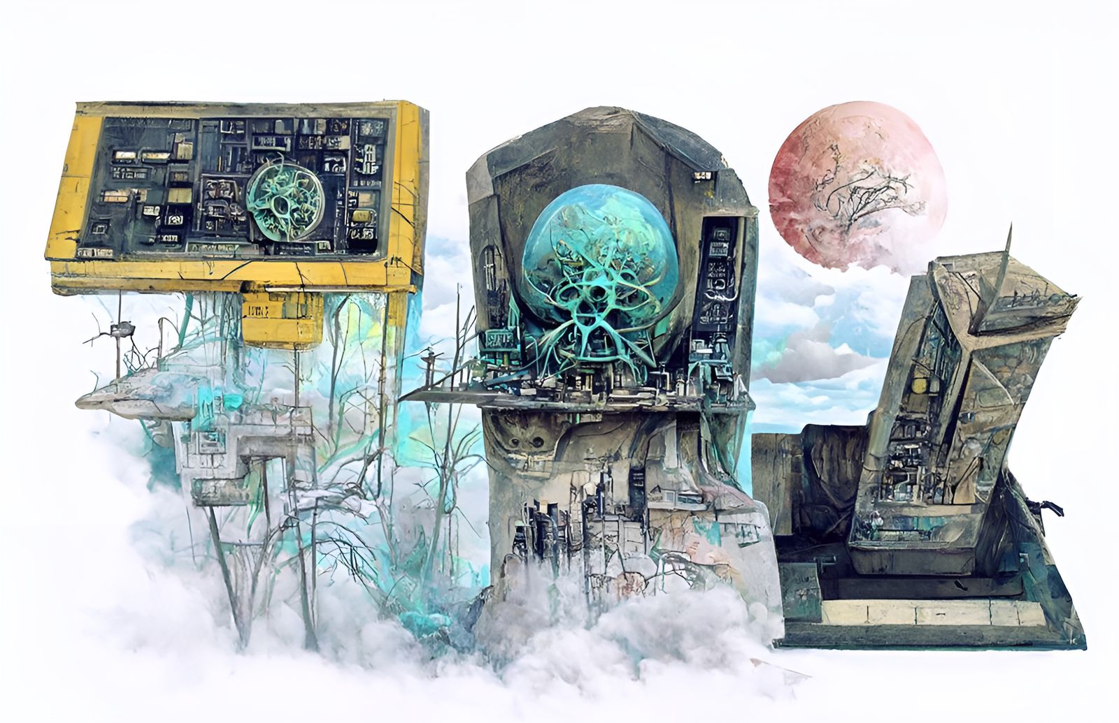 Surreal Nuclear Fantasy Landscape in Retro Style
