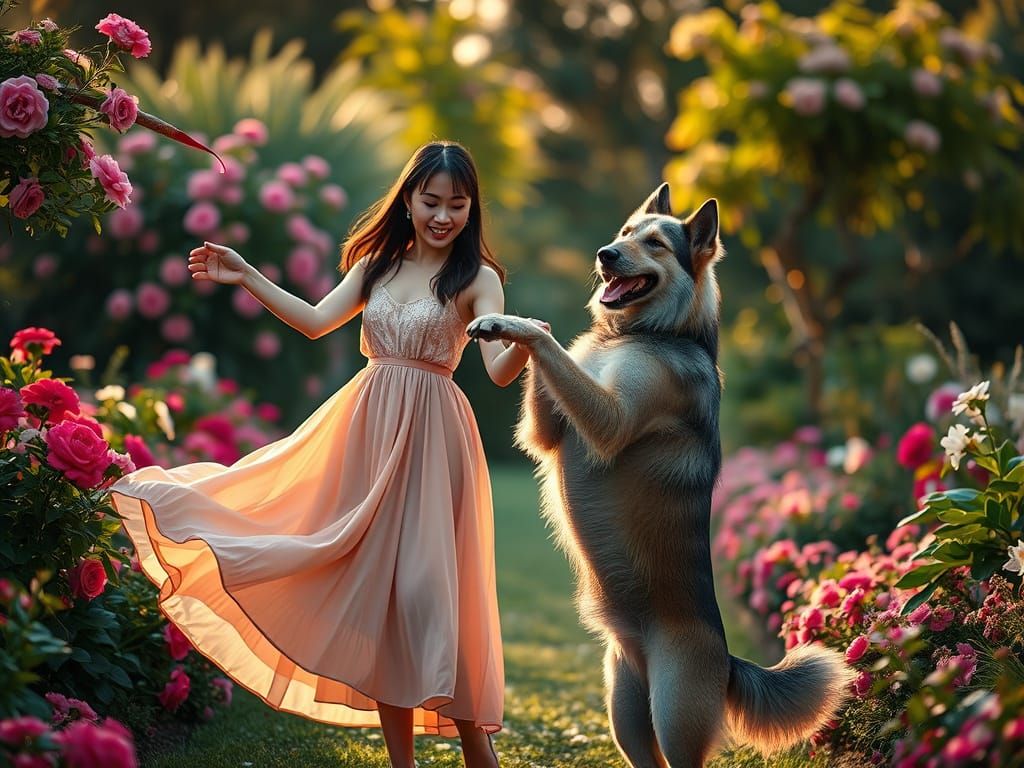 Woman and Wolfhound Dance in a Vibrant Garden