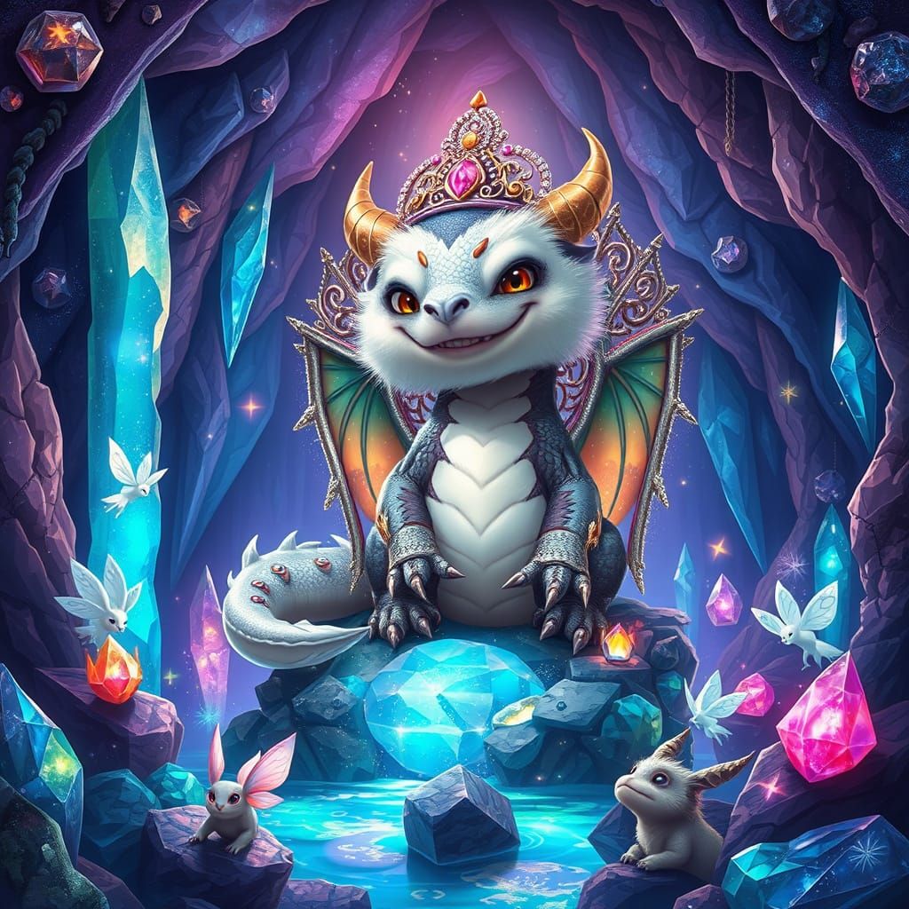 Fluffy Dragon on Geode Throne in Bioluminescent Grotto