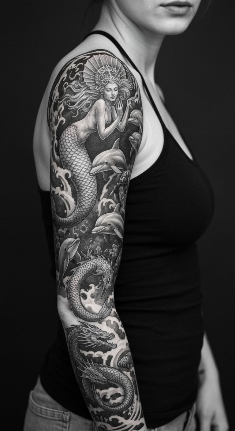 Mythological Mermaids Tattoo in Realistic Style