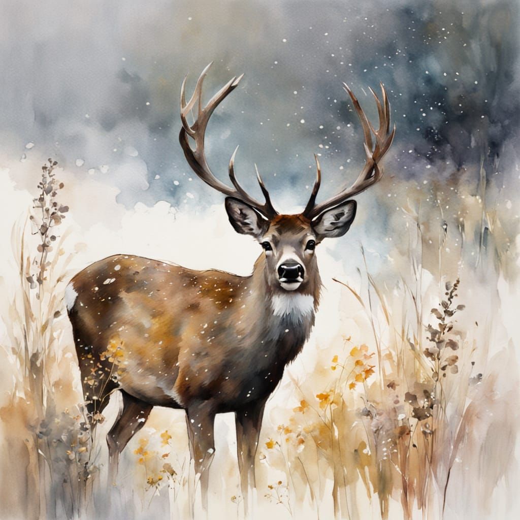 Serene Deer in Snowy Field Watercolor Painting