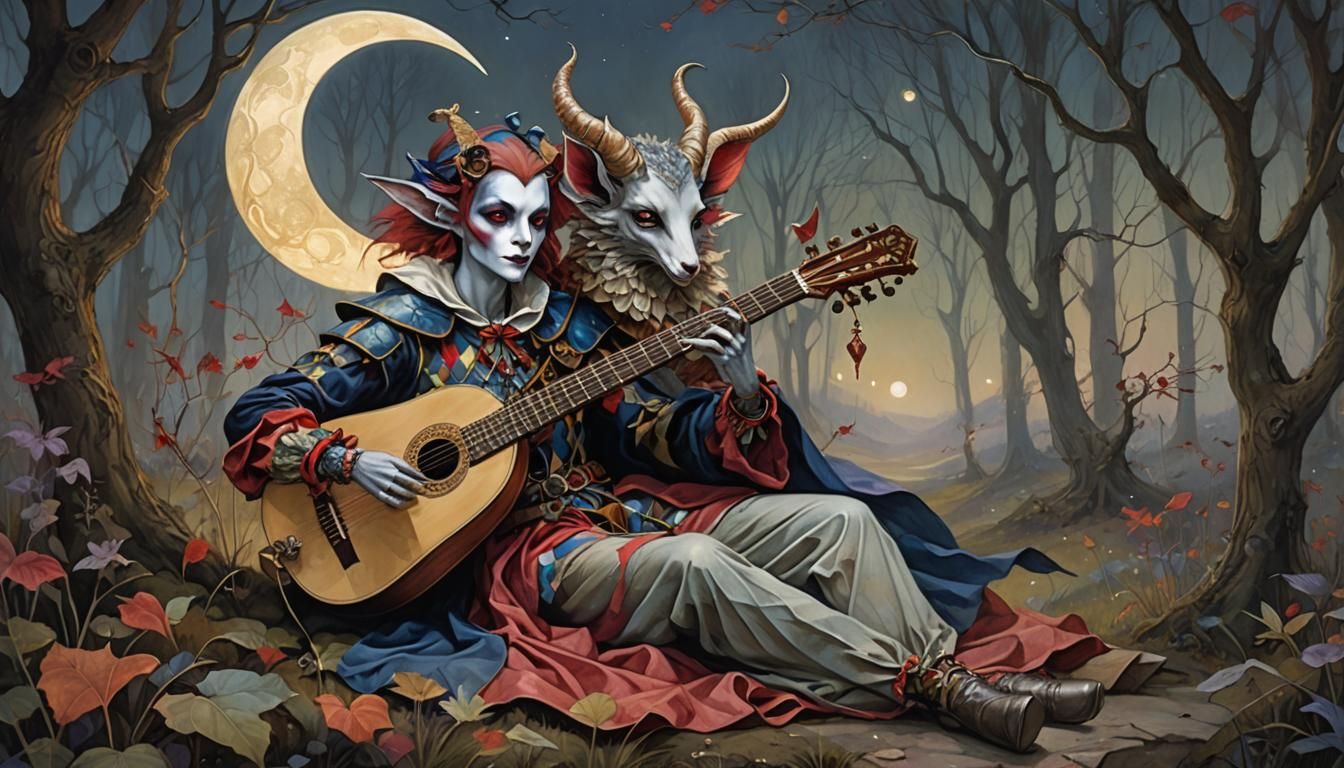 Harlequin's Moonlit Serenade in Mythic Woodland
