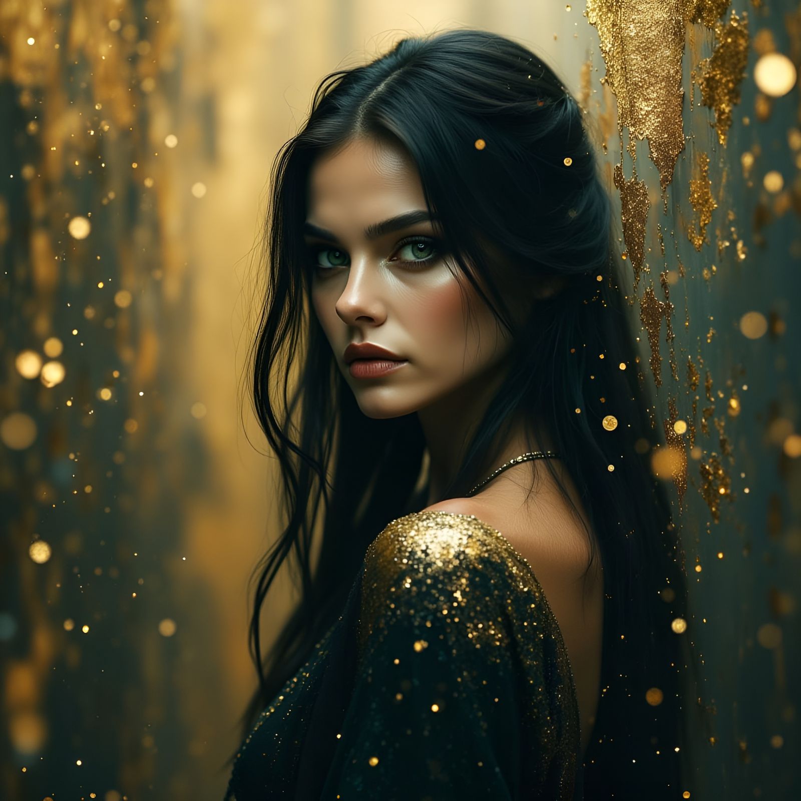 Cinematic Portrait of Elegant Woman in Golden Mist
