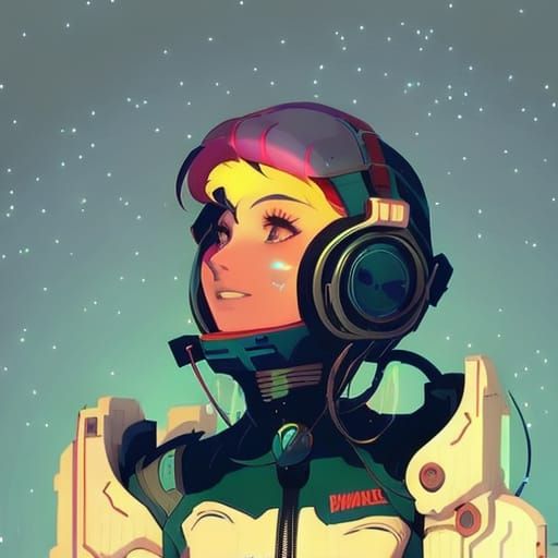 Cyberpunk Astronaut Listening to Music: Anime-Inspired Art
