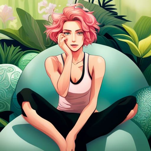 Anime Girl on Yoga Ball in Manga Style