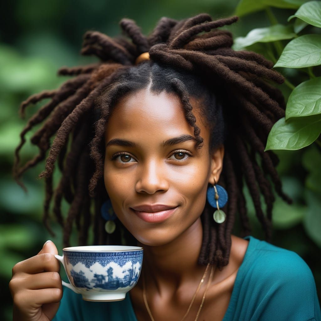Chic Brooklynite Sips Tea in Vibrant 1980s Garden