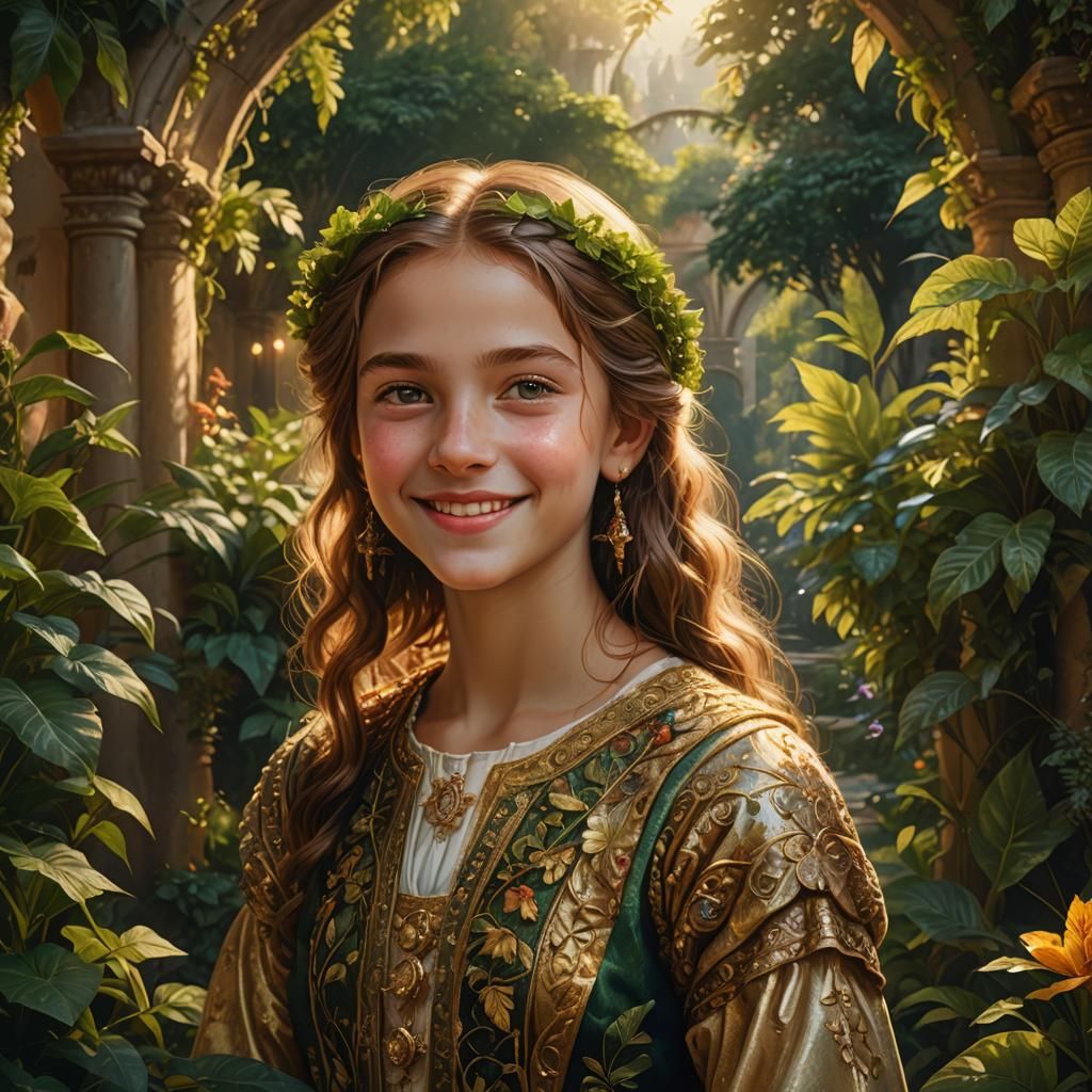 Renaissance Portrait of a Smiling Girl in Golden Light