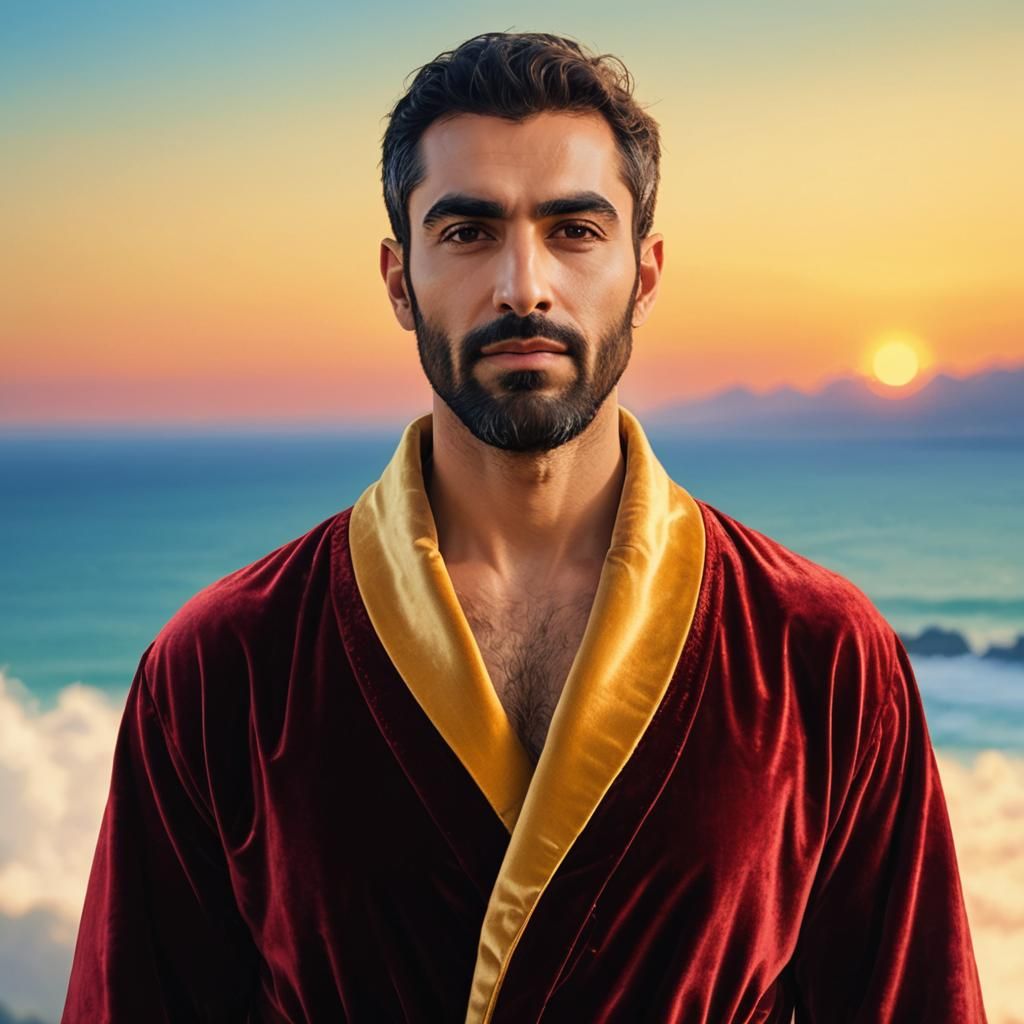 Sunset Contemplation: Man in Velvet Robe, Digital Painting