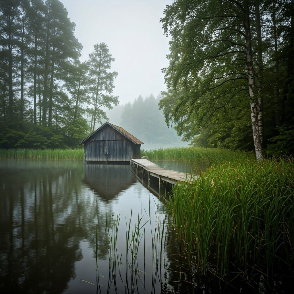 Misty Lake Boathouse in Atmospheric Landscape Style