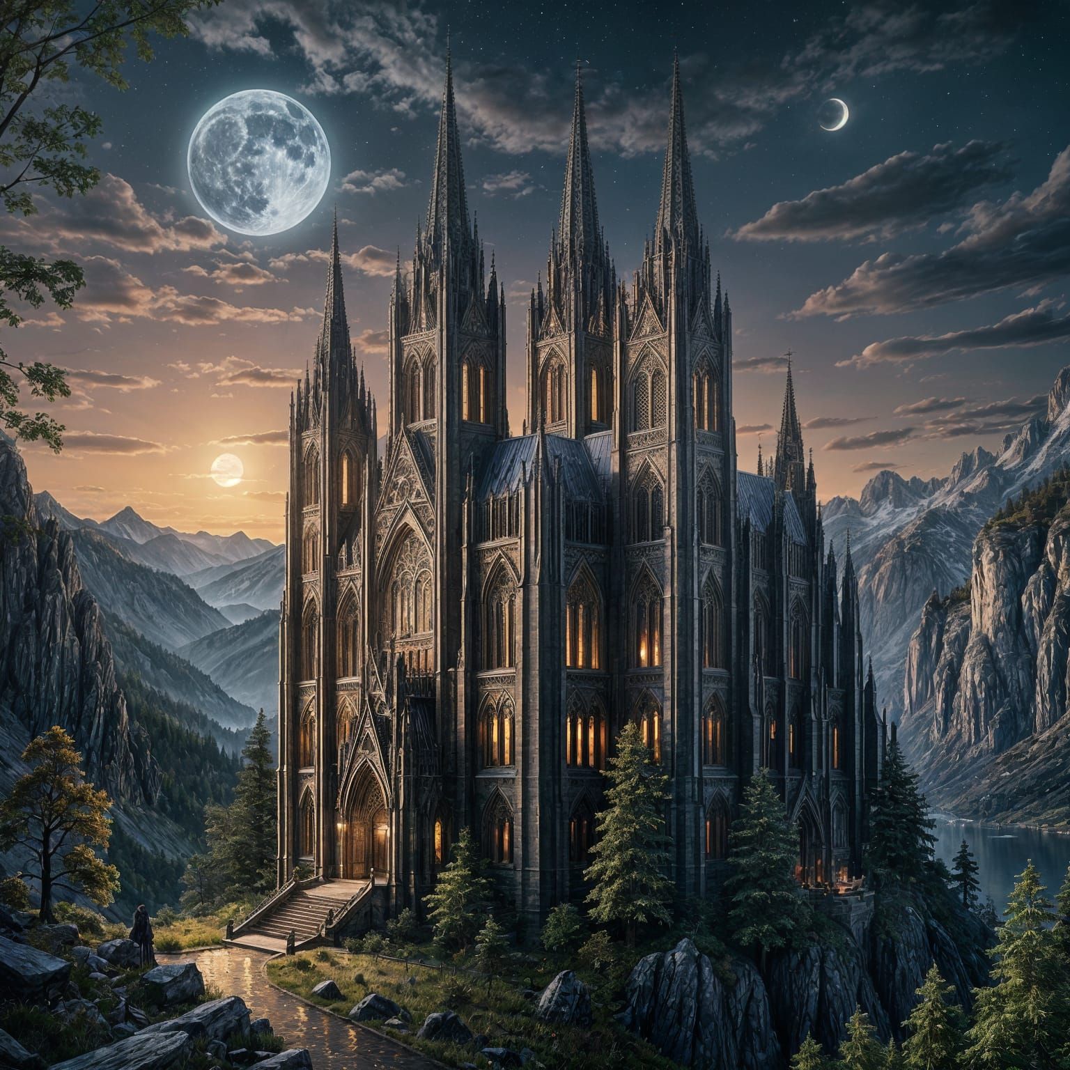 Gothic Cathedral on Mountain in Digital Art