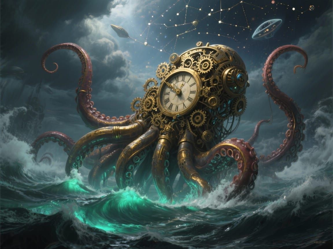 Clockwork Kraken Emerges from Alien Sea