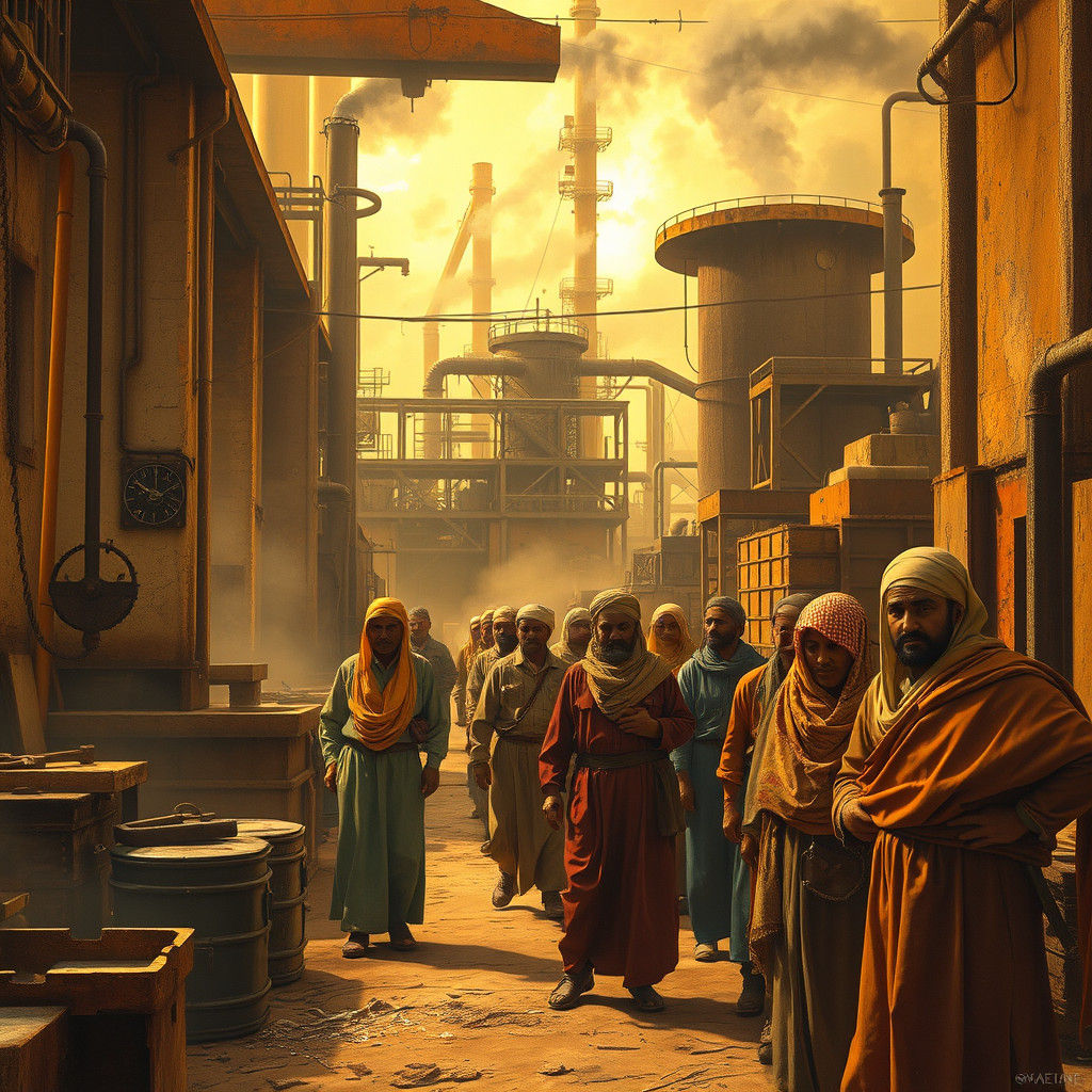 Factory Scene with Yemeni Workers, Syd Mead Style