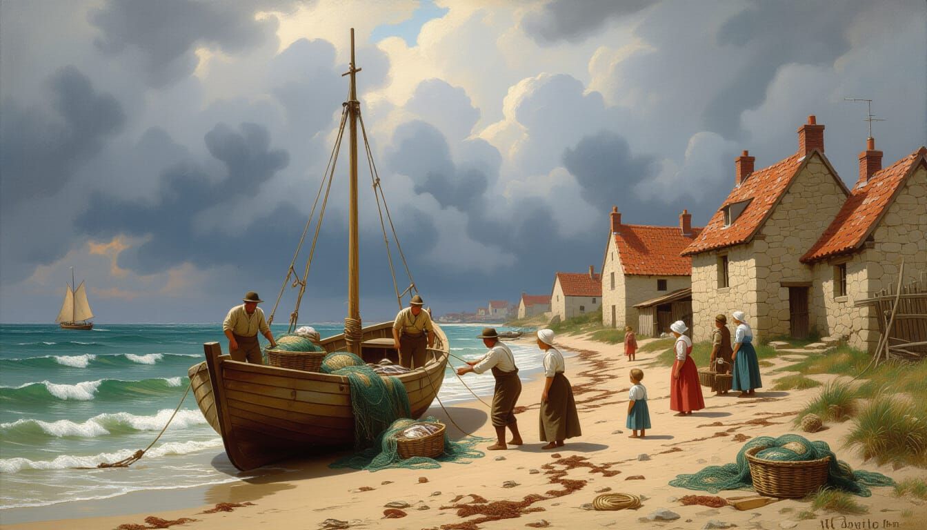 19th Century Oil Painting of Coastal Village Under Storm Clo...