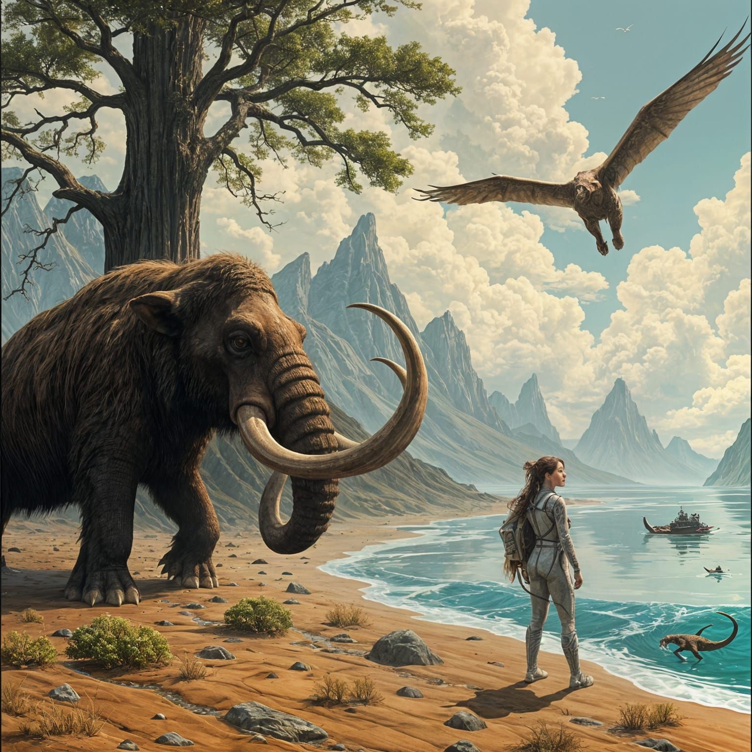 Surreal Sci-Fi Girl Among Mammoths