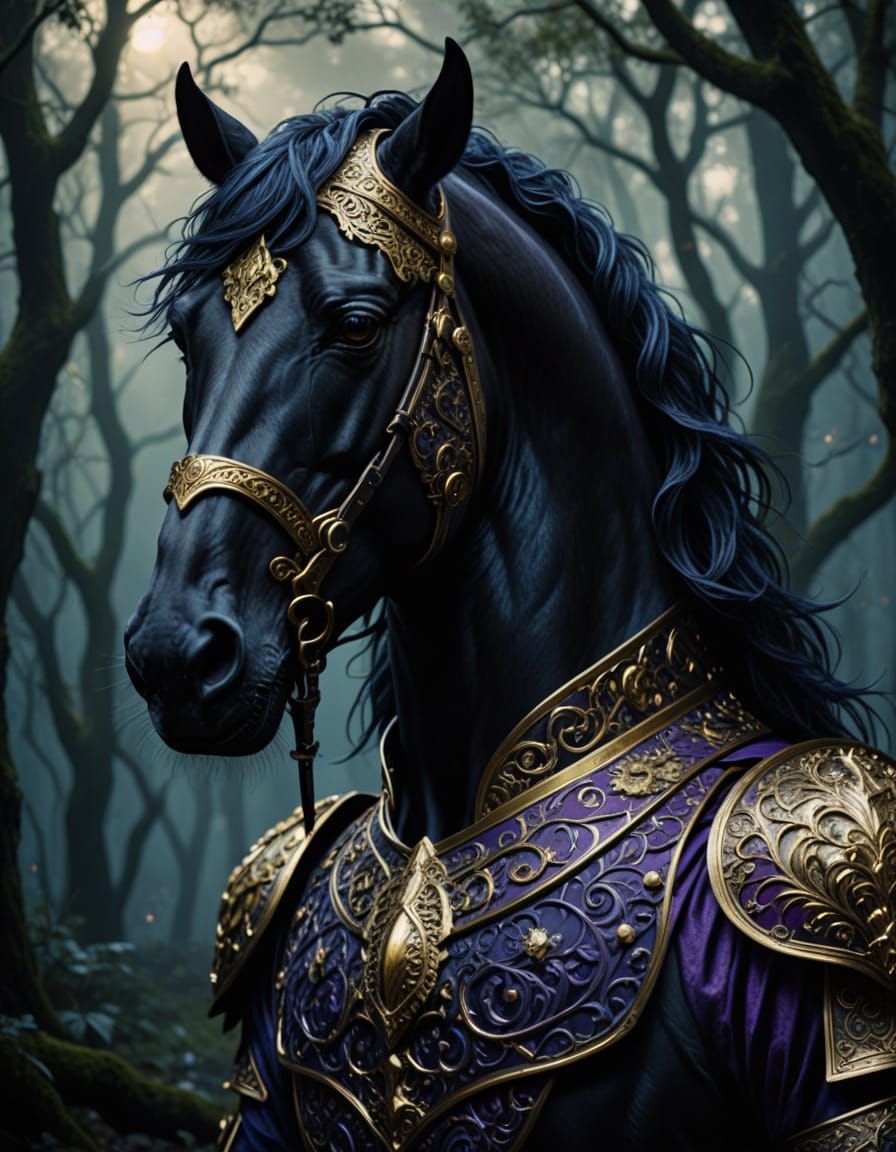 Majestic Black Stallion in Gold Armor