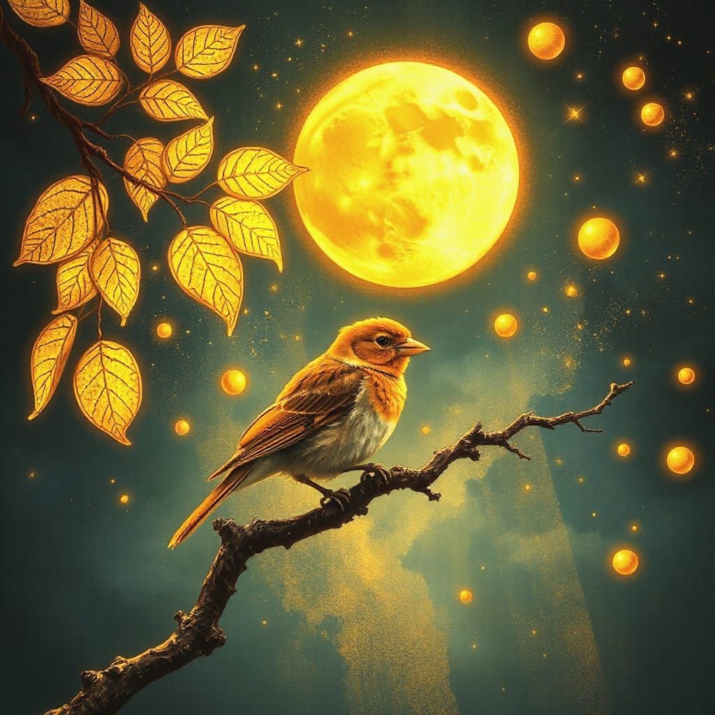 Golden Bird Under Moonlit Stained-Glass Tree