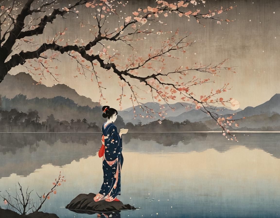 Ukiyo-e Woman on Lake Shore at Night