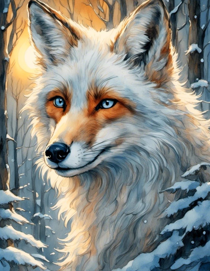 Fox in Moonlight Watercolor Painting