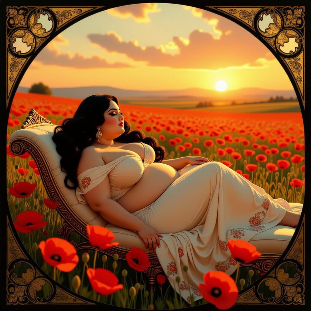 Persian Woman in Poppy Field, Alphonse Mucha Style