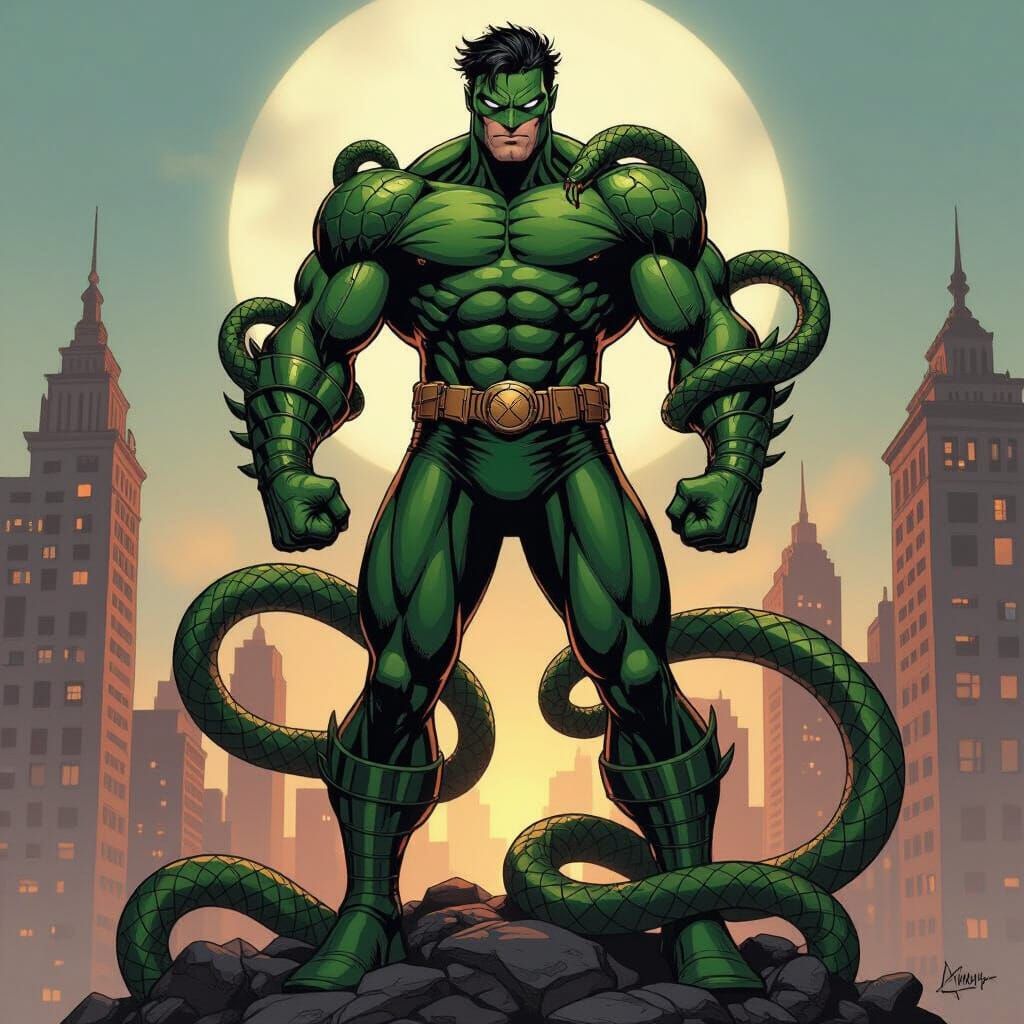 Nag-Man: Snake-Powered Hero in Comic Book Style