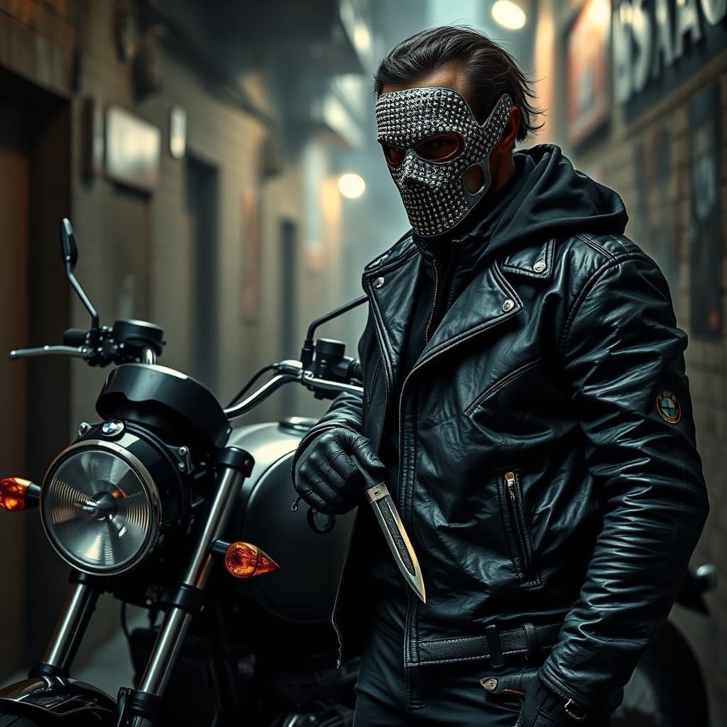 Dark Alleyway Encounter: Gritty Biker Meets Urban Shadows