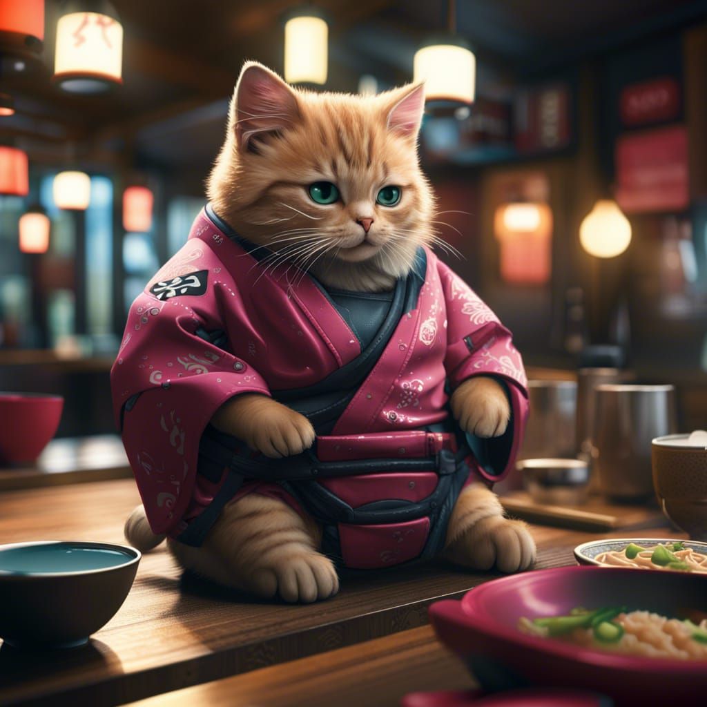 Cyberpunk Kitten Sumo Wrestler in Ramen Restaurant