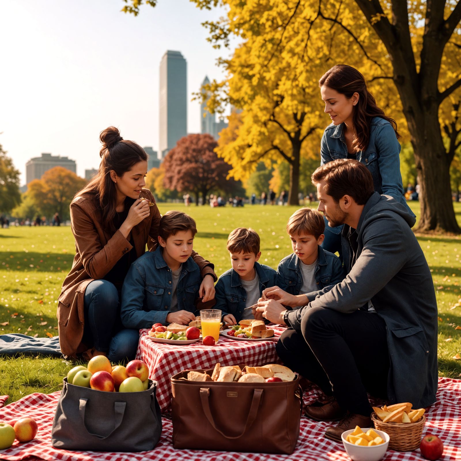 Family Picnic in a City Park, Hyperrealistic HDR Photography