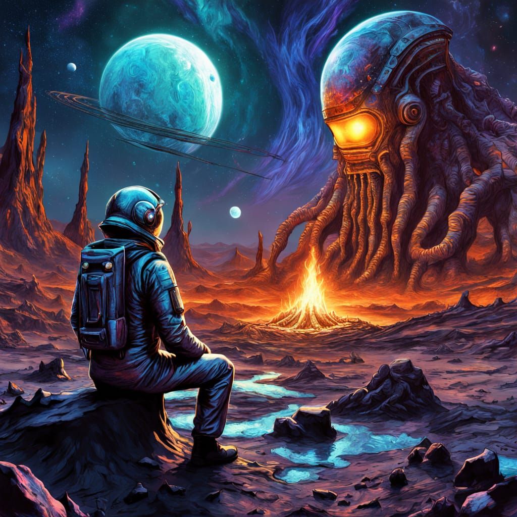 Astronaut Campfire Under Alien Moons