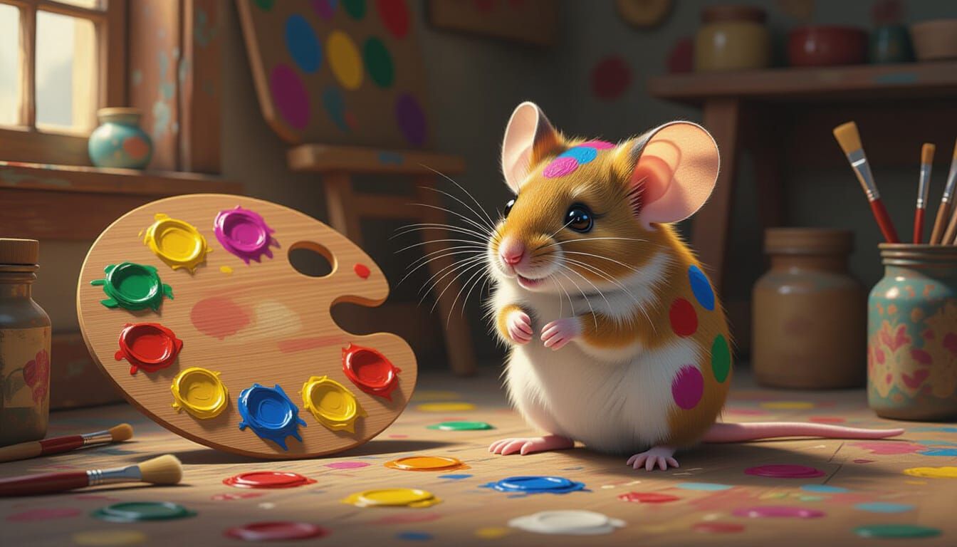 Colorful Spotted Mouse in Dreamcore Art Studio