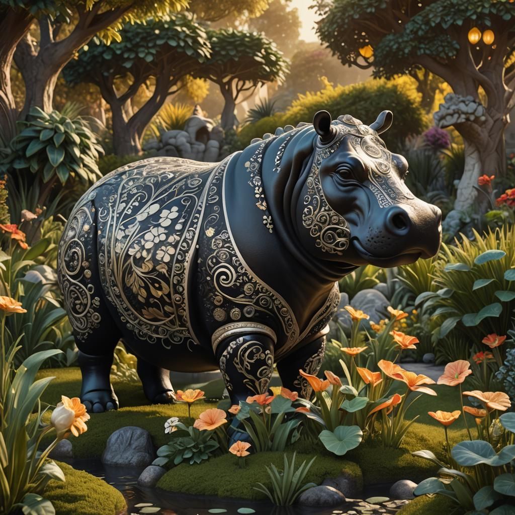 Hippo Cow Hybrid Sculpture in Whimsical Garden