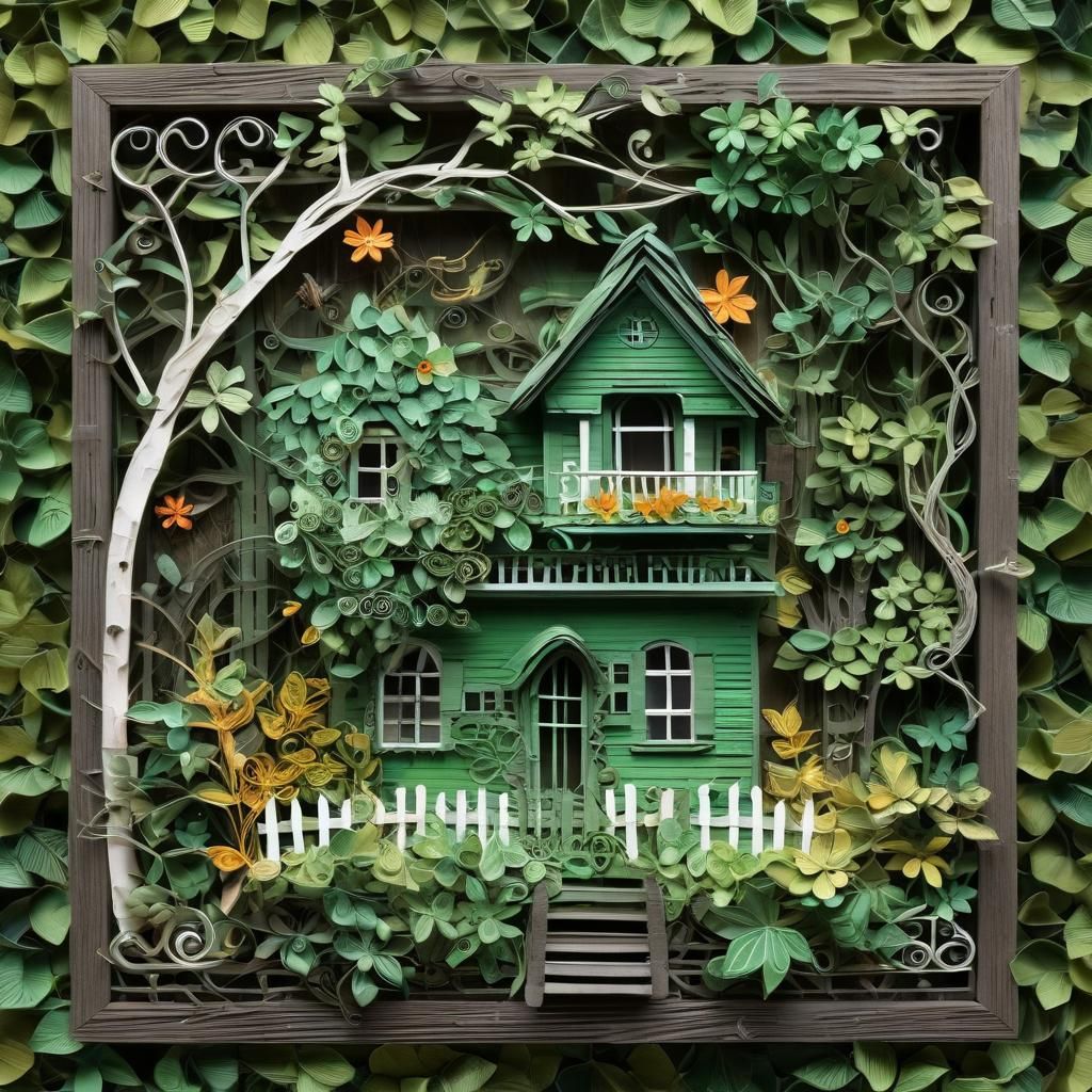Green Cottage Shadowbox with Autumn Vines