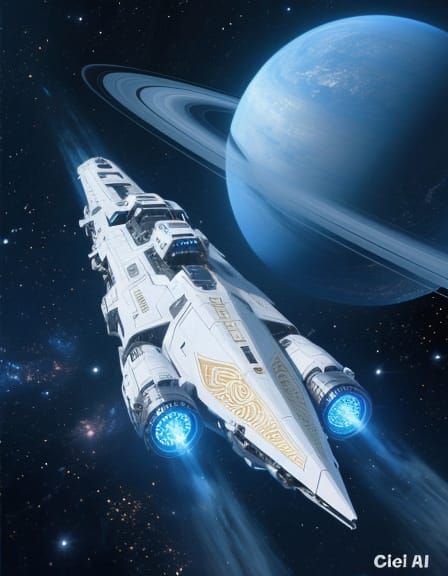 Sleek Centaur Starship with Golden Etchings in Deep Space