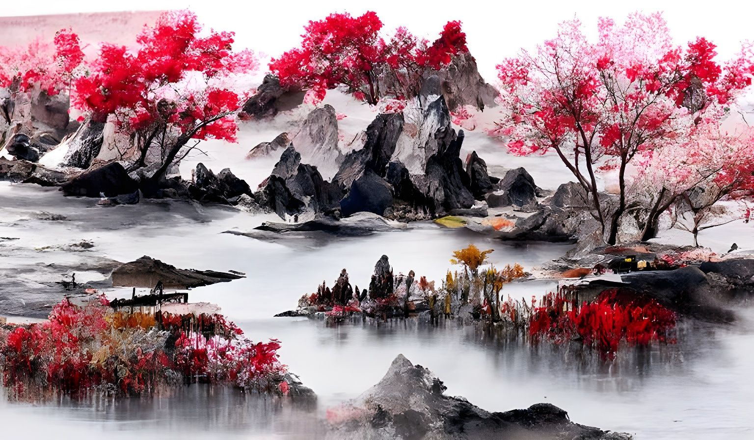 Blooming Plum Blossoms Reflecting in Crystal Lake